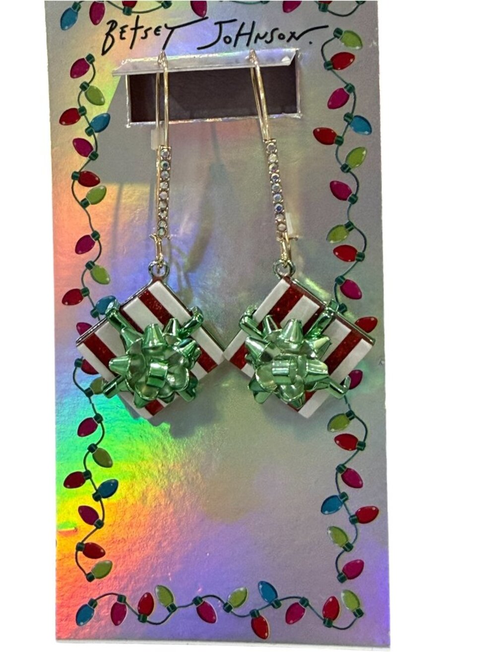 Betsey Johnson Christmas Gift Box Striped Bows Crystal Dangle Drop Earrings NWT